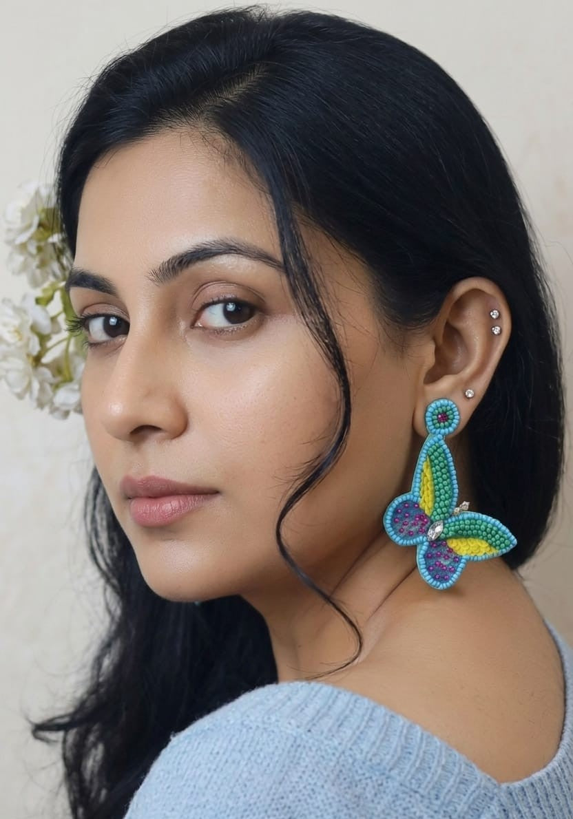 Neelpari Handcrafted Blue Butterfly Sequin Earrings — Colourful Fabric Earrings India