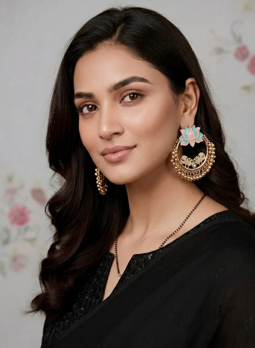 Lotus Chandbali Gold Ghungroo Earrings