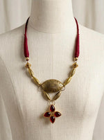 Antique Gold Sunburst Garnet Cross Pendant Necklace