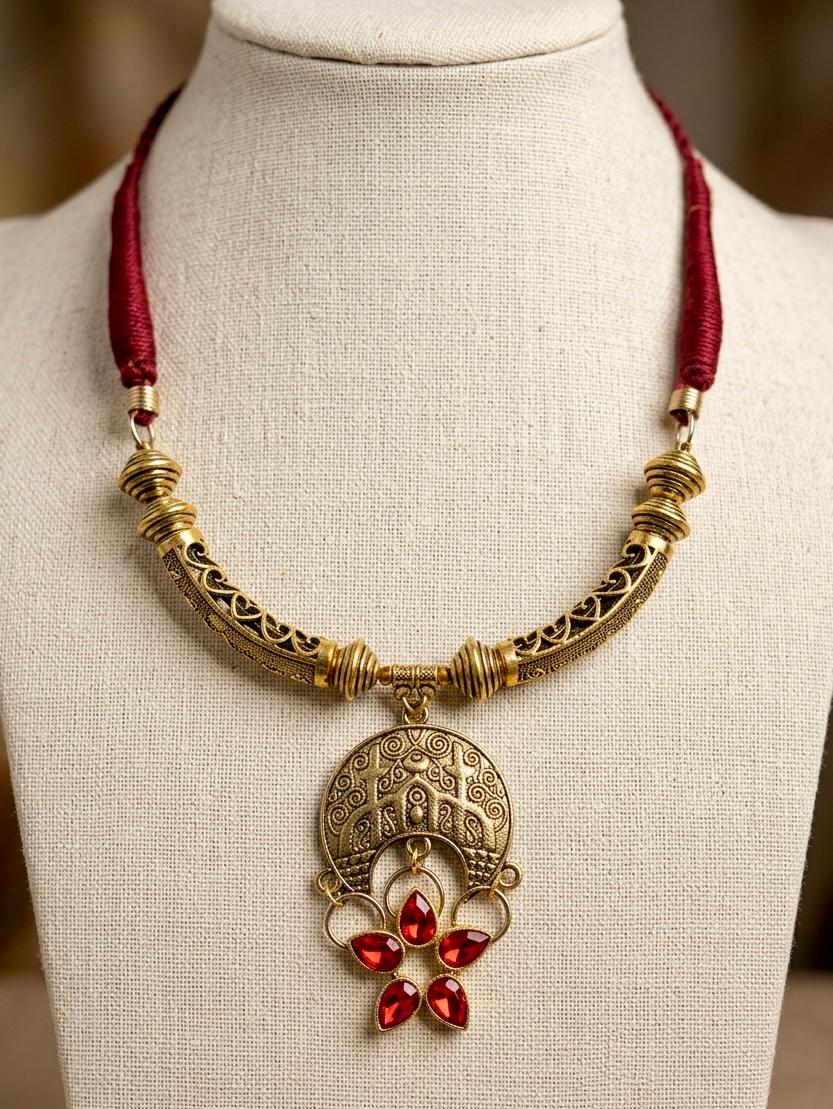 Antique Brass Crescent Flower Pendant Necklace