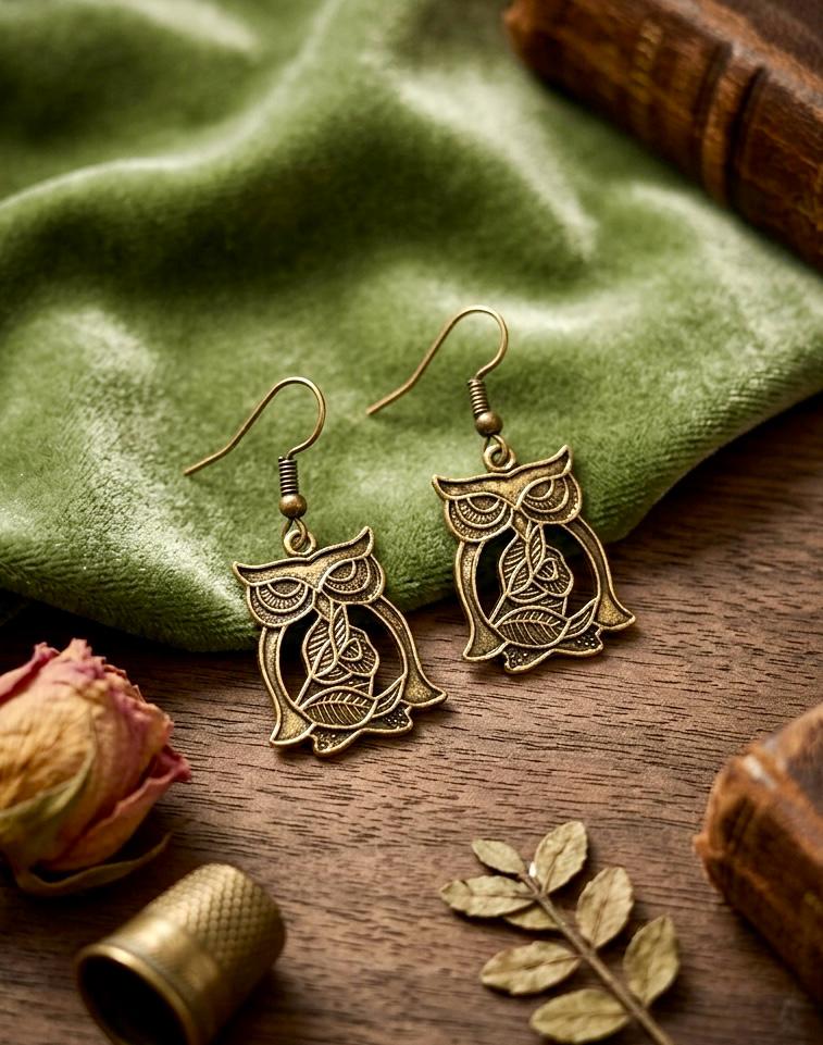 Oxidised Bronze Owl Drop Earrings