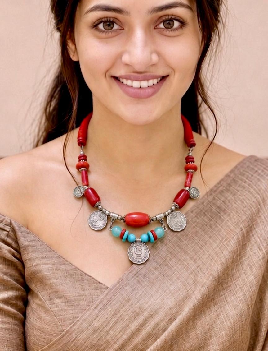 Ottoman Crescent Coin Coral Turquoise Necklace