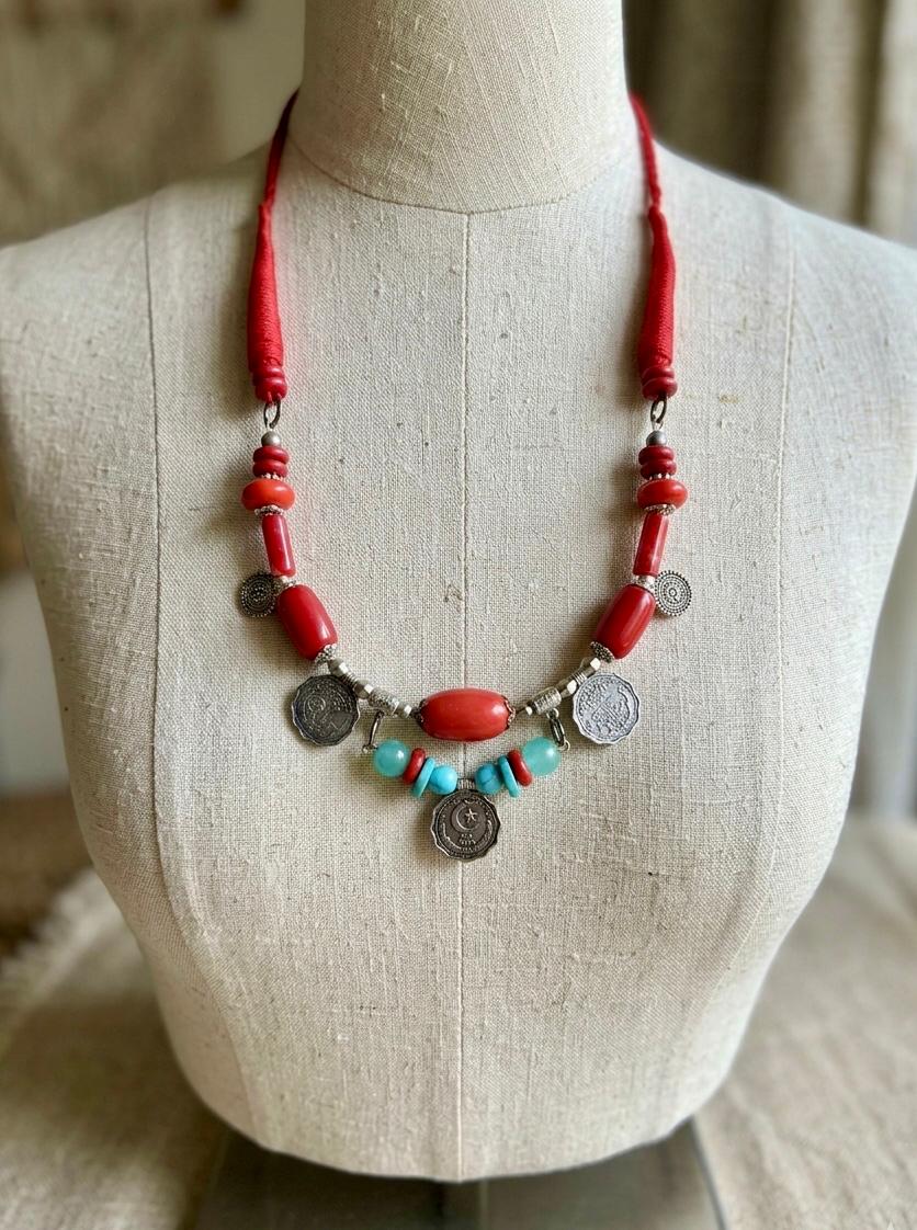 Ottoman Crescent Coin Coral Turquoise Necklace