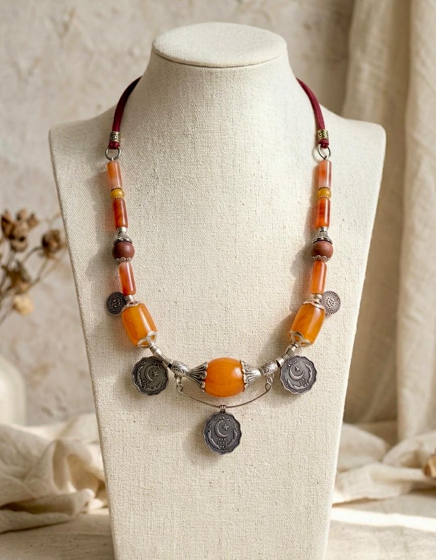 Amber Carnelian Ottoman Coin Bead Necklace