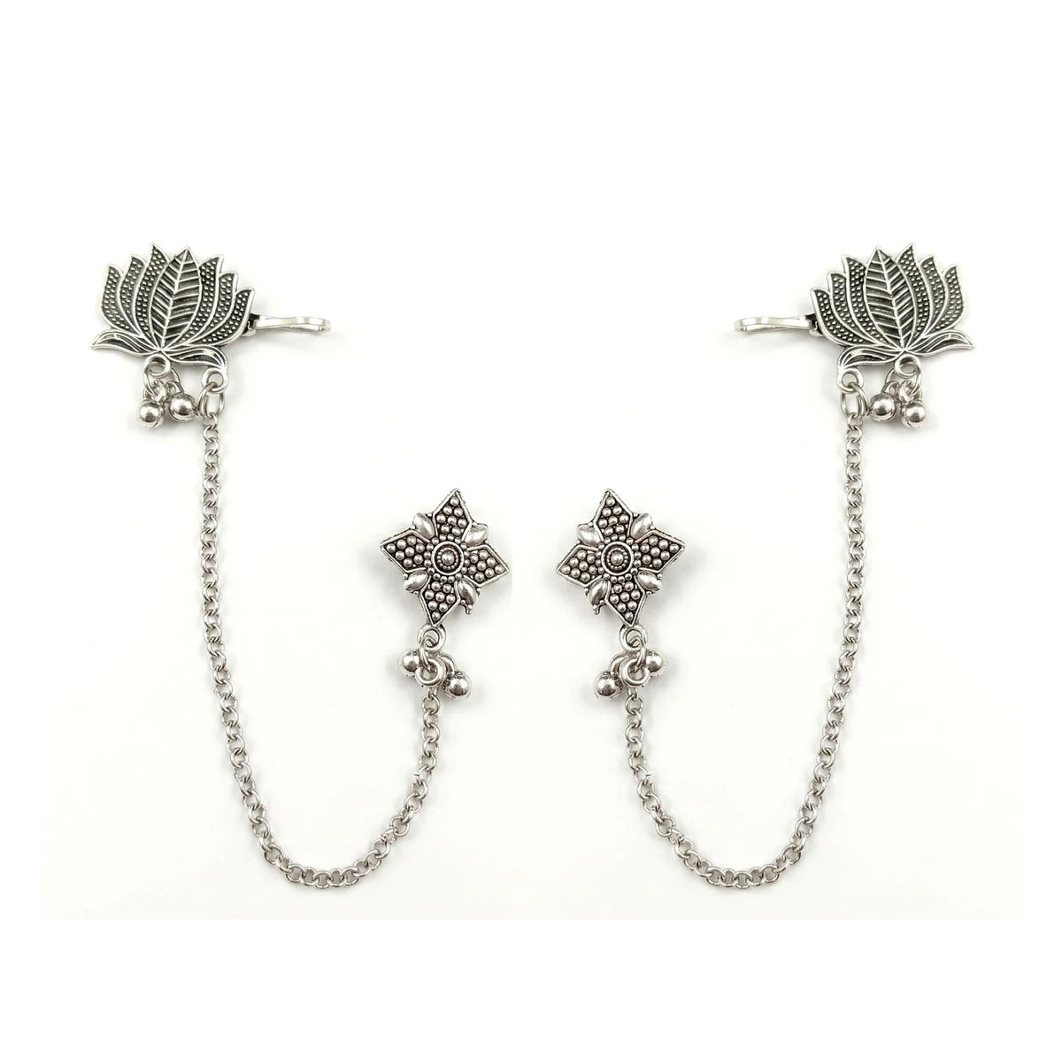 Oxidised Lotus Ear Cuff Chain Stud Set