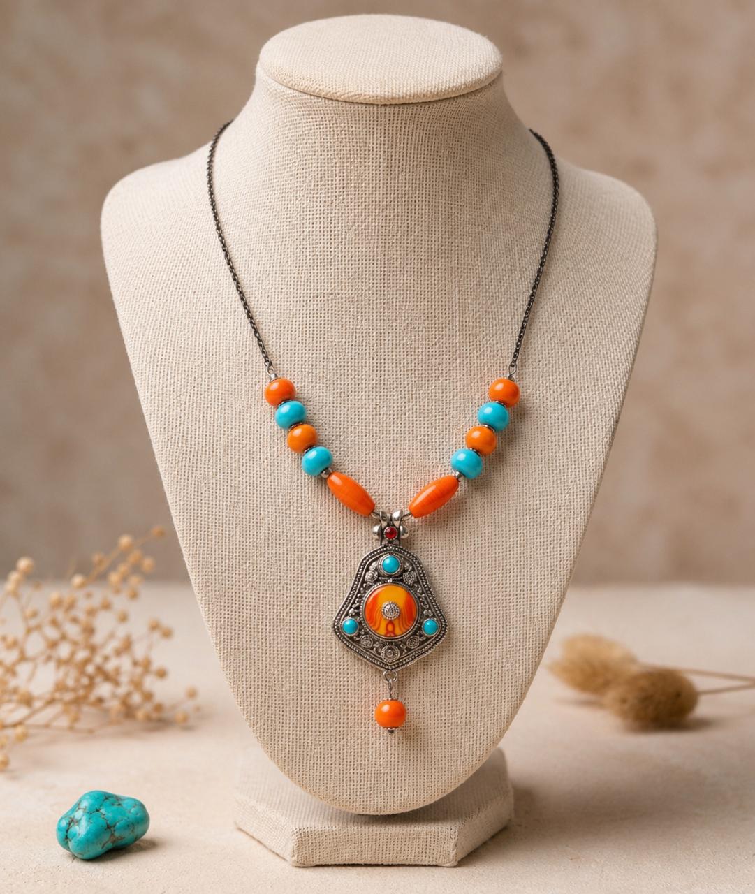 Suryamani Amber Turquoise Pendant Necklace