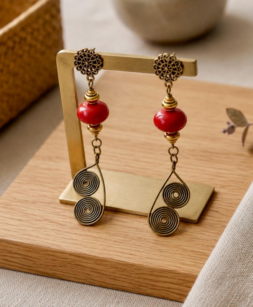 Spirala Red Bead Coil Drop Earrings