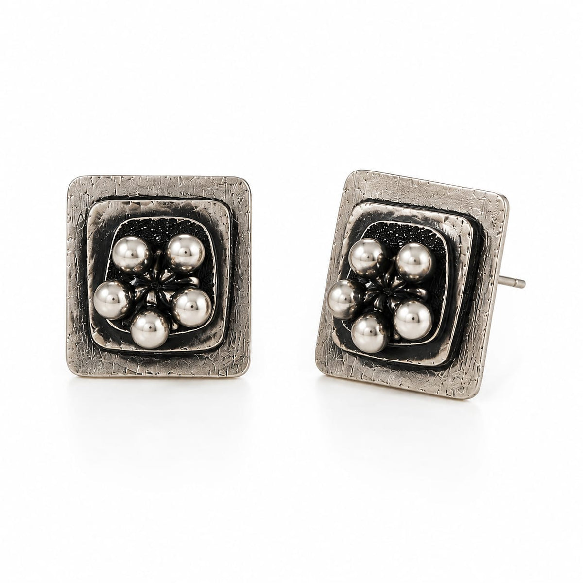 Meher Oxidised Silver Pearl Cluster Square Stud Earrings for Women