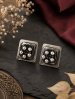 Meher Oxidised Silver Pearl Cluster Square Stud Earrings for Women