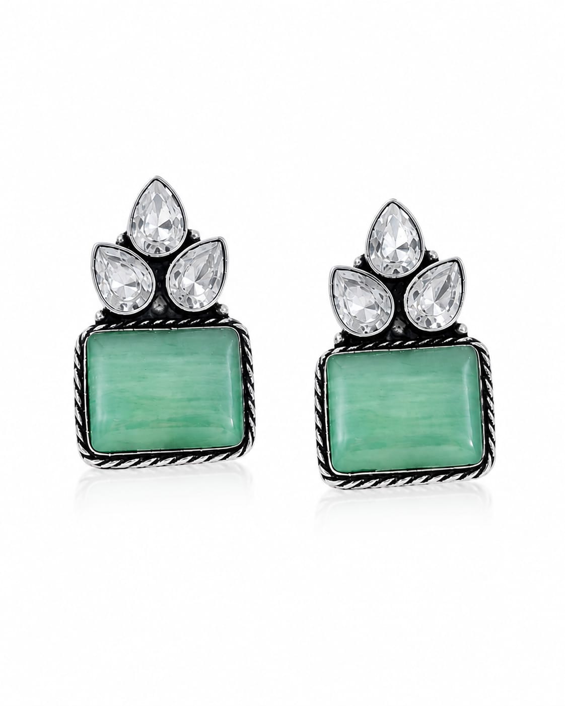 Sabz Oxidised Silver Green Stone Crystal Stud Earrings for Women