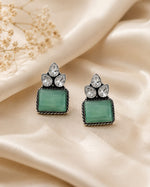 Sabz Oxidised Silver Green Stone Crystal Stud Earrings for Women