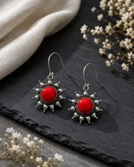 Anaar Oxidised Silver Red Coral Sunburst Drop Earrings for Women