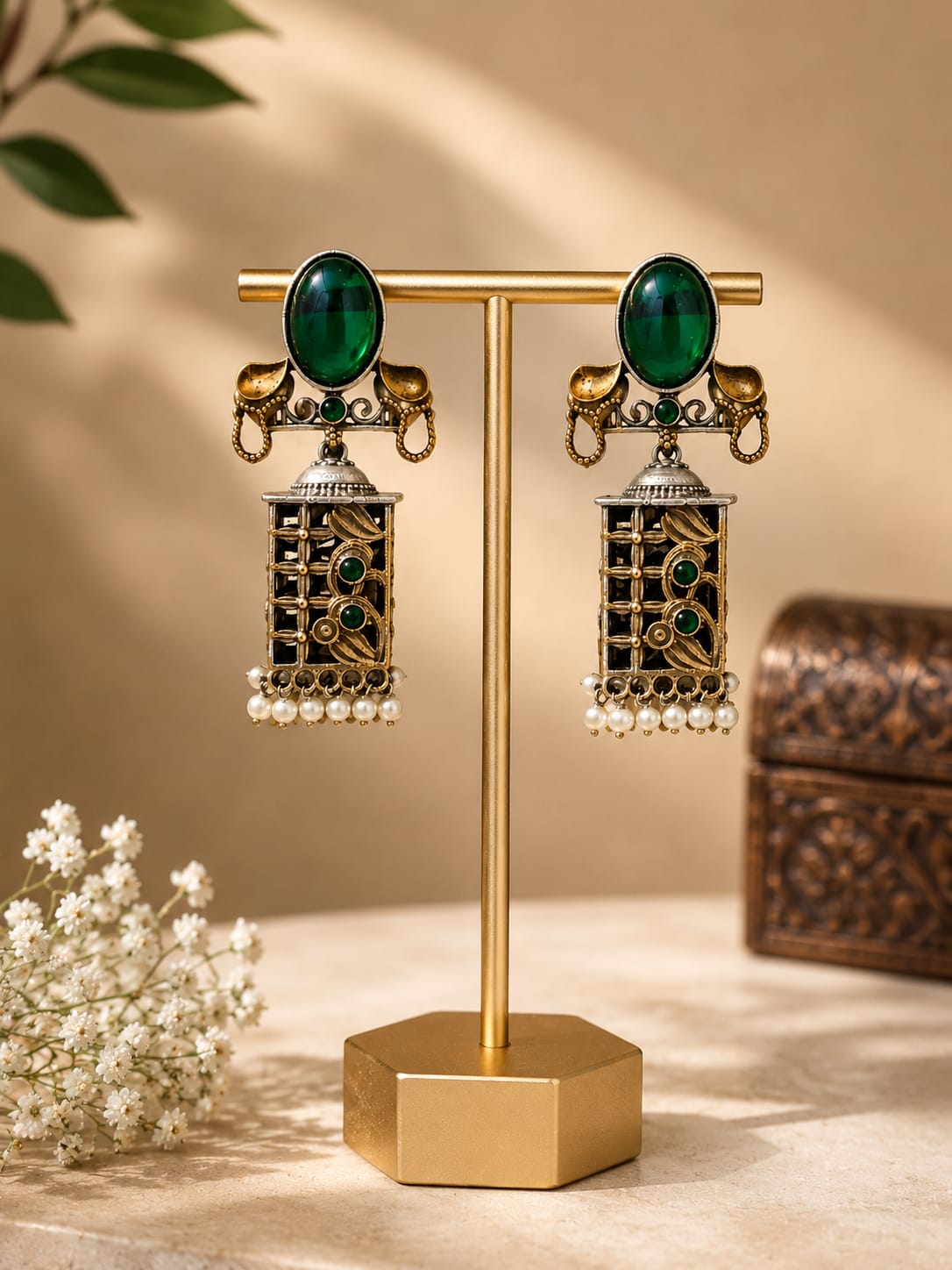 Ambari Dual Tone Green Stone Elephant Motif Tribal Earrings for Women