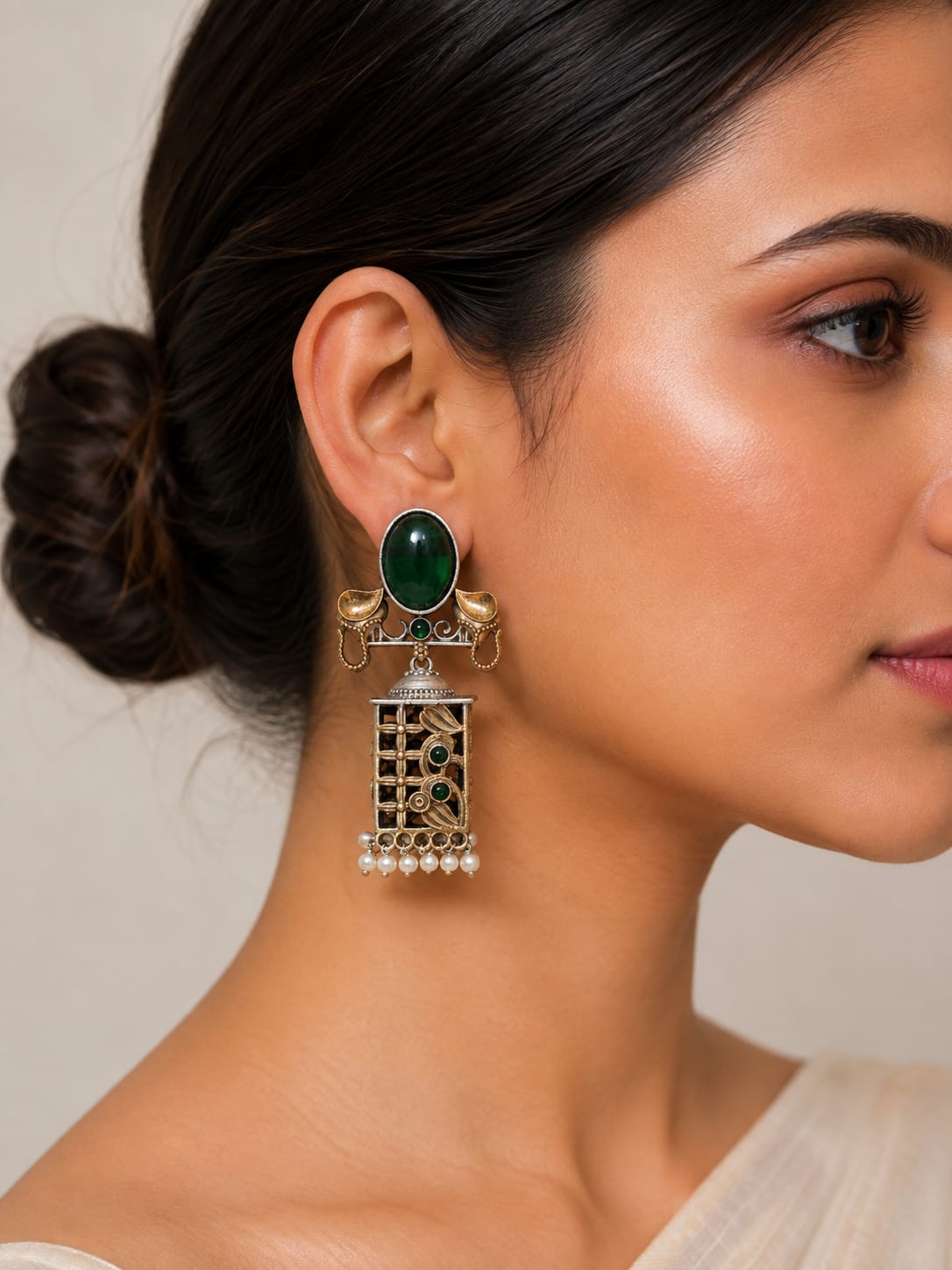 Ambari Dual Tone Green Stone Elephant Motif Tribal Earrings for Women