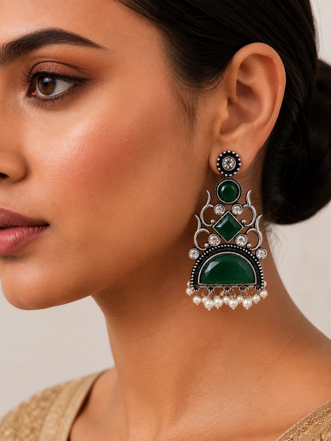 Zumurrud Oxidised Silver Green Stone Pearl Chandbali Earrings for Women