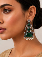 Zumurrud Oxidised Silver Green Stone Pearl Chandbali Earrings for Women