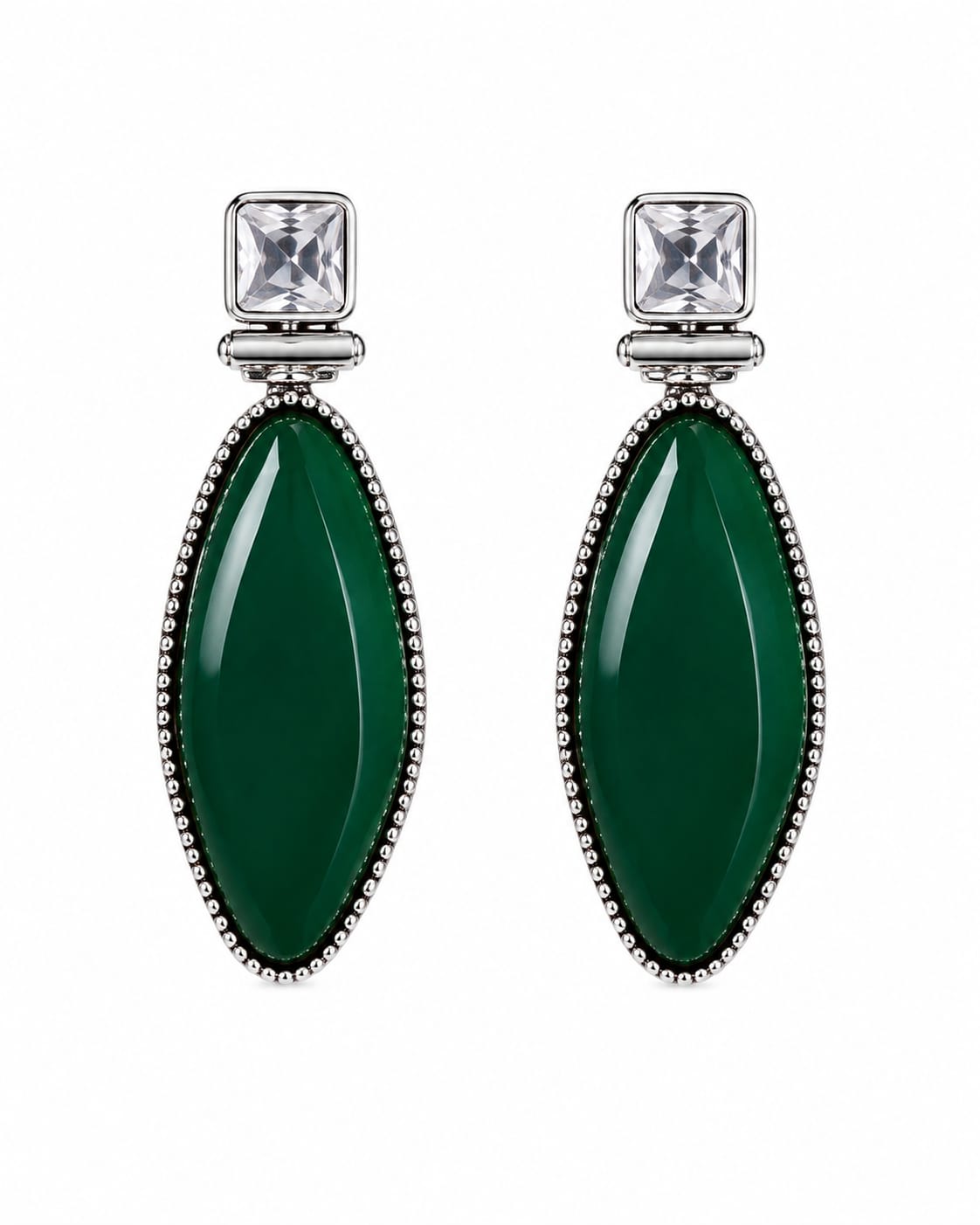 Marjaan Oxidised Silver Green Marquise Stone Drop Earrings for Women