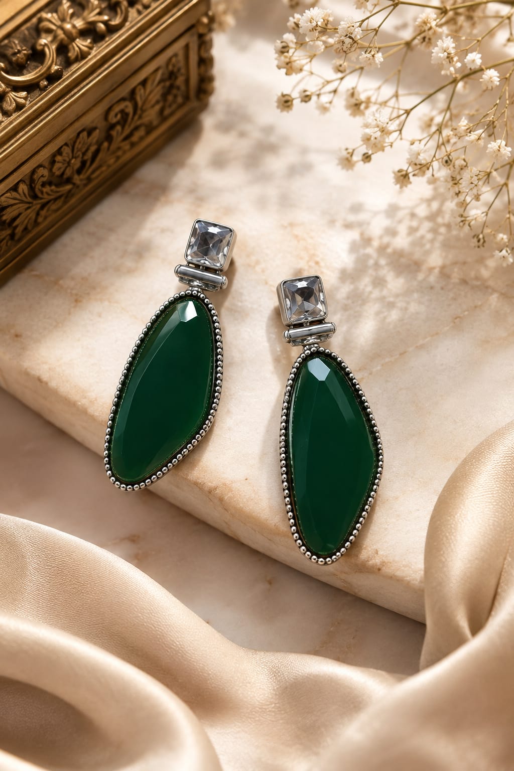 Marjaan Oxidised Silver Green Marquise Stone Drop Earrings for Women