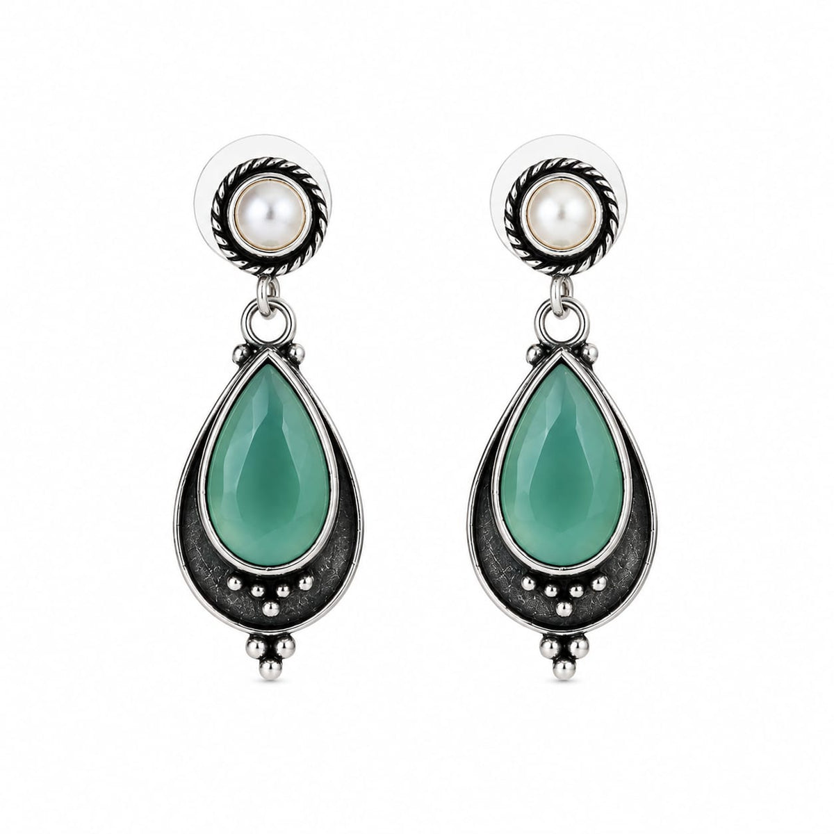 Pudina Oxidised Silver Pearl and Mint Stone Teardrop Earrings for Women