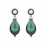 Pudina Oxidised Silver Pearl and Mint Stone Teardrop Earrings for Women