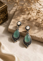 Pudina Oxidised Silver Pearl and Mint Stone Teardrop Earrings for Women