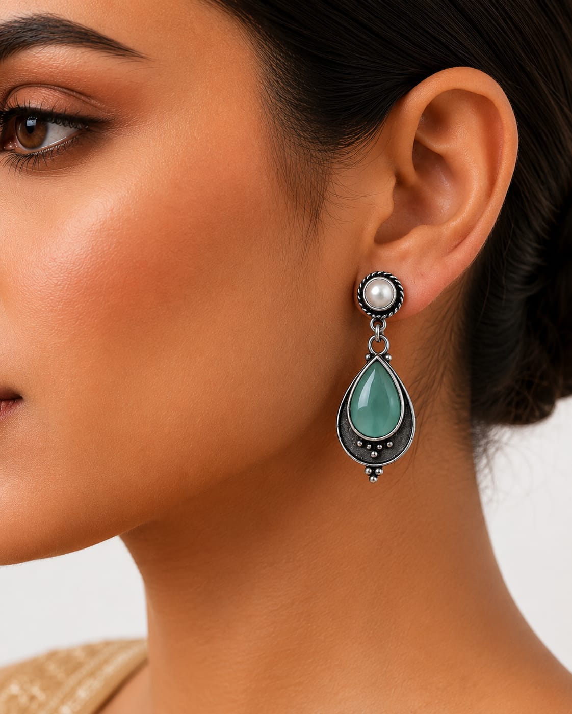 Pudina Oxidised Silver Pearl and Mint Stone Teardrop Earrings for Women