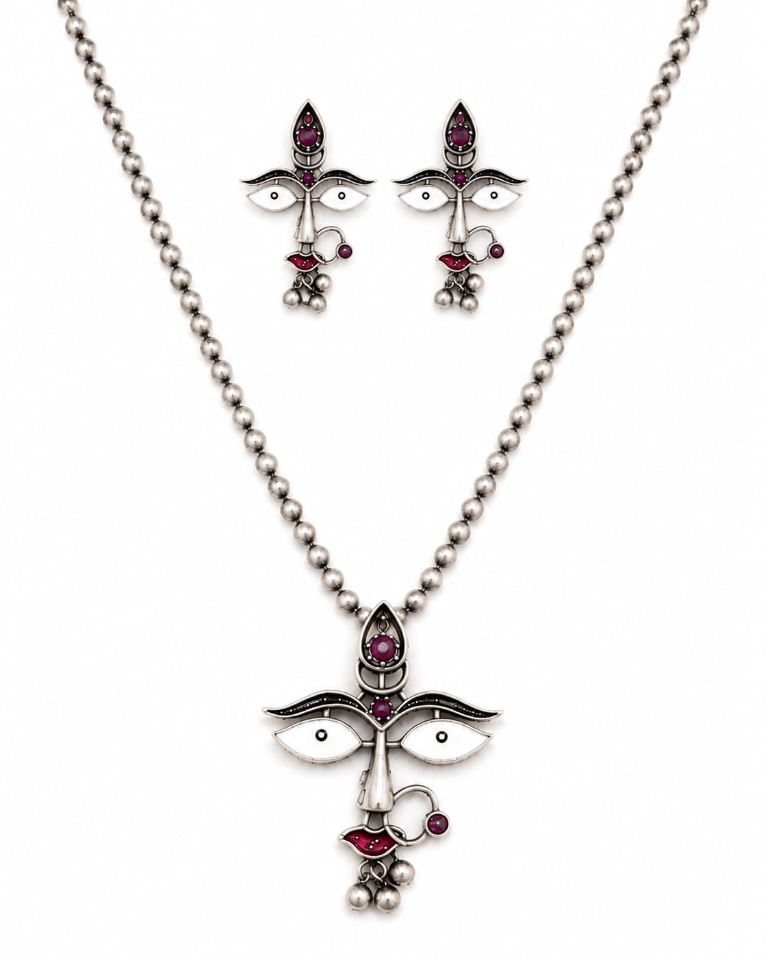 Bhairavi Oxidised Silver Devi Face Temple Necklace Set for Women