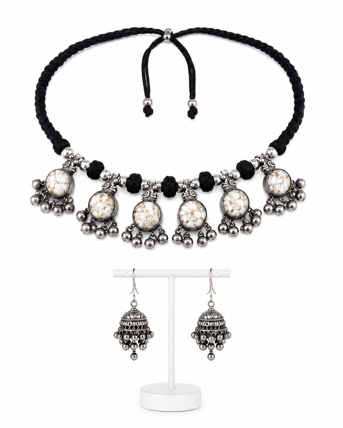 Kaali Oxidised Silver Black Cord Ghungroo Choker Necklace Set for Women