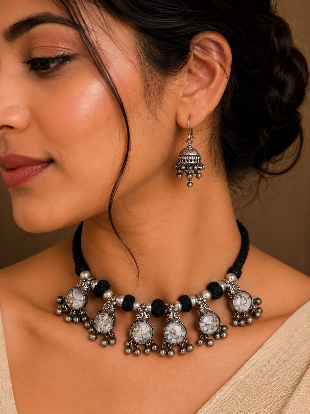 Kaali Oxidised Silver Black Cord Ghungroo Choker Necklace Set for Women