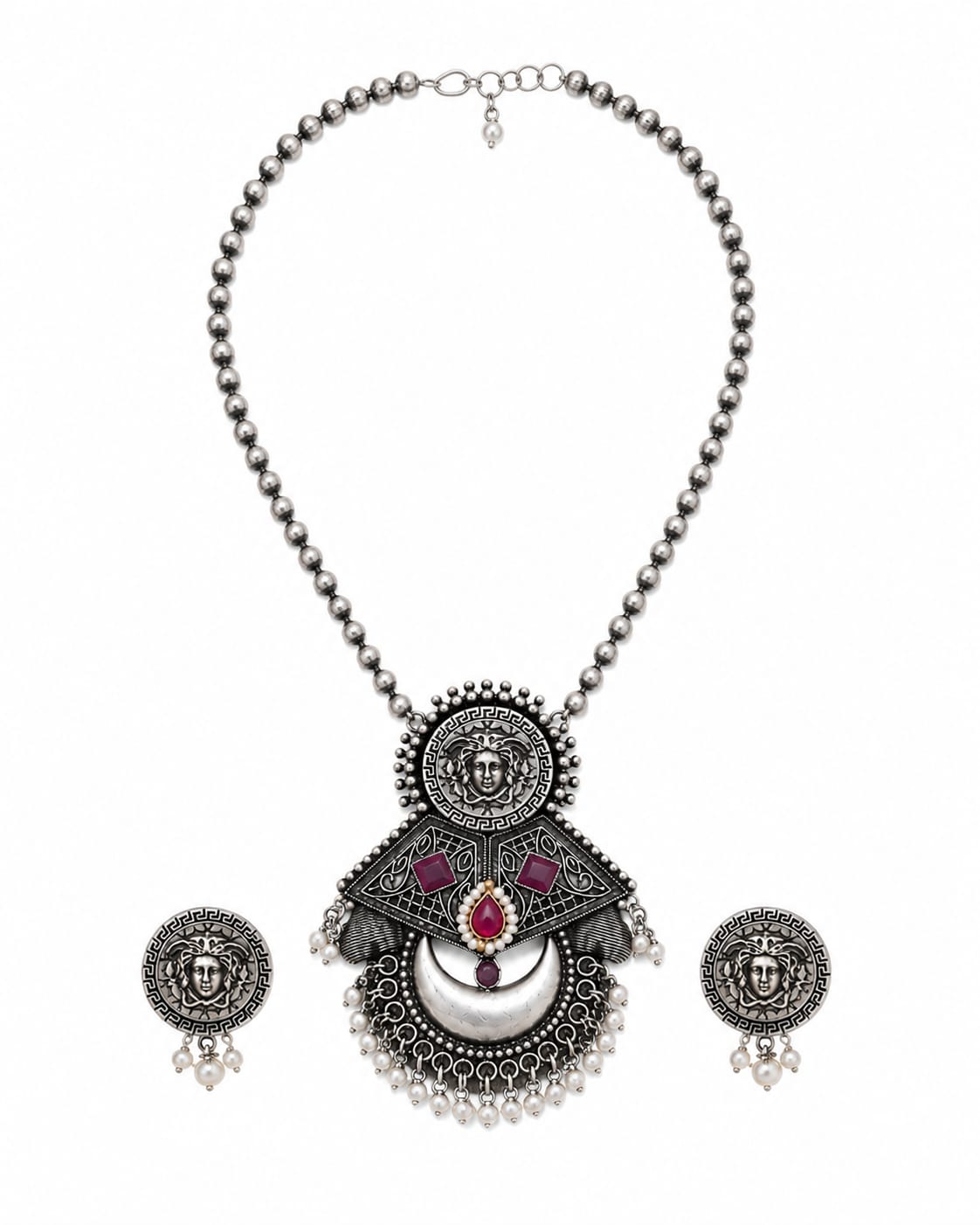 Rajeshwari Oxidised Silver Temple Deity Chandbali Necklace Set for Women