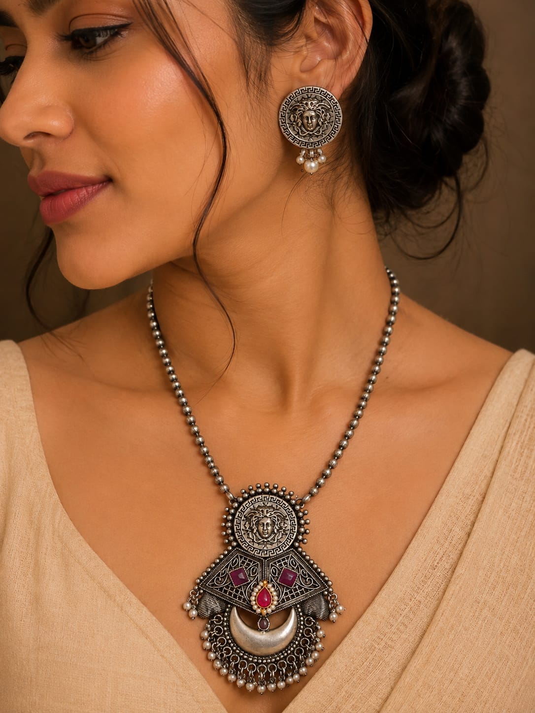 Rajeshwari Oxidised Silver Temple Deity Chandbali Necklace Set for Women