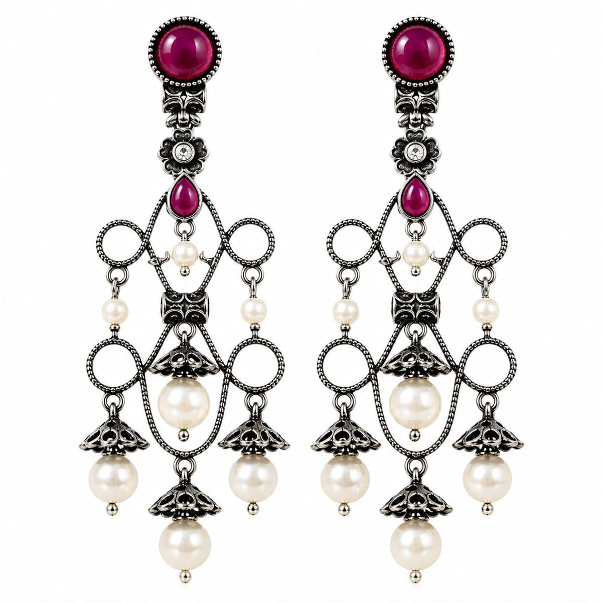 Gulaab Oxidised Silver Pink Stone Pearl Chandelier Earrings for Women