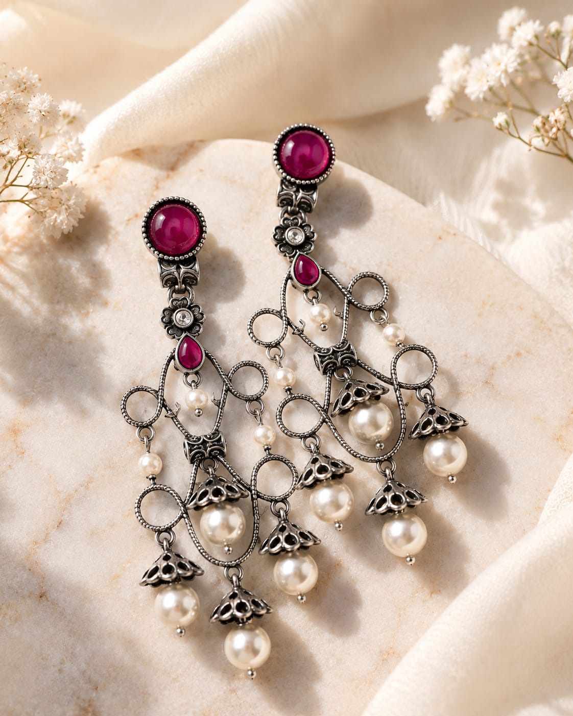 Gulaab Oxidised Silver Pink Stone Pearl Chandelier Earrings for Women