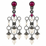 Gulaab Oxidised Silver Pink Stone Pearl Chandelier Earrings for Women