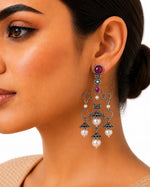 Gulaab Oxidised Silver Pink Stone Pearl Chandelier Earrings for Women