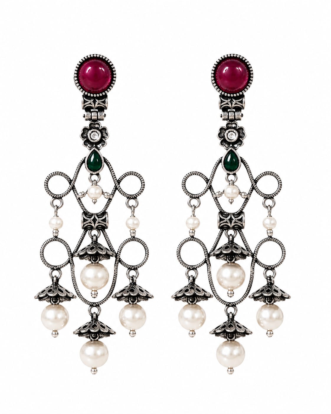 Ruhaani Oxidised Silver Pink and Green Stone Pearl Chandelier Earrings for Women
