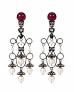 Ruhaani Oxidised Silver Pink and Green Stone Pearl Chandelier Earrings for Women