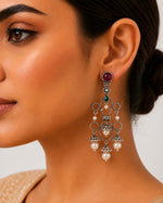 Ruhaani Oxidised Silver Pink and Green Stone Pearl Chandelier Earrings for Women