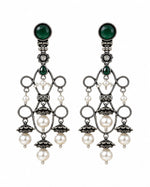 Zaitoon Oxidised Silver Green Stone Pearl Chandelier Earrings for Women