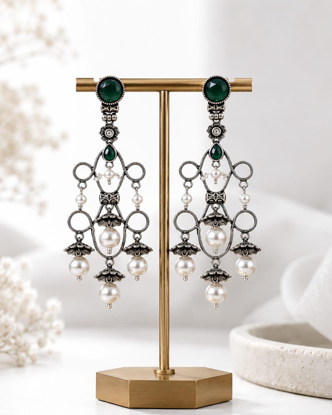 Zaitoon Oxidised Silver Green Stone Pearl Chandelier Earrings for Women