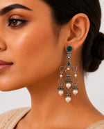 Zaitoon Oxidised Silver Green Stone Pearl Chandelier Earrings for Women