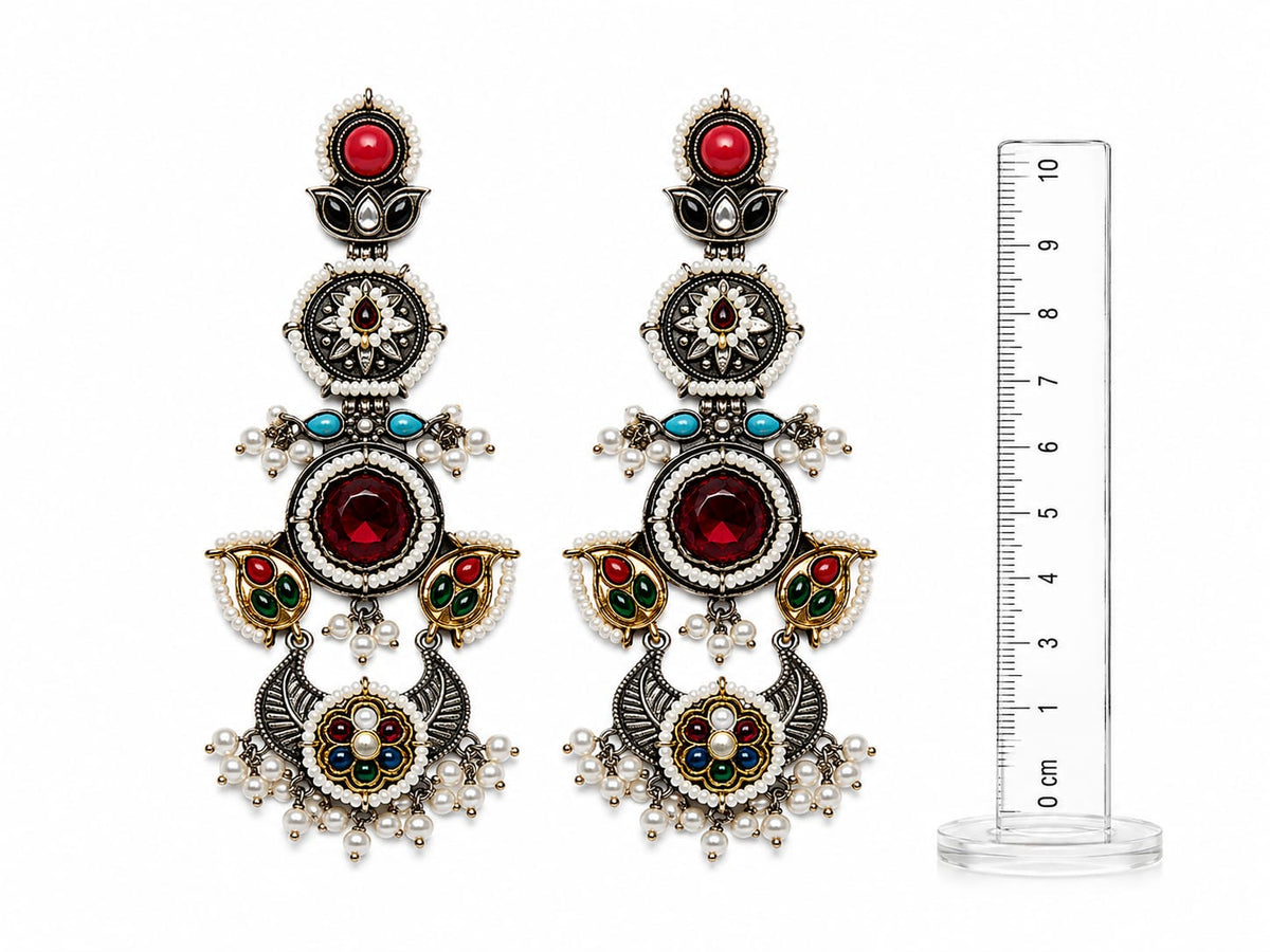 Rangeen Oxidised Silver Multicolour Stone Long Statement Earrings for Women