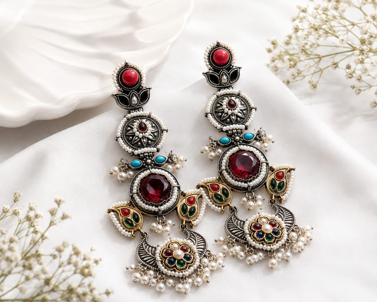 Rangeen Oxidised Silver Multicolour Stone Long Statement Earrings for Women