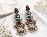 Rangeen Oxidised Silver Multicolour Stone Long Statement Earrings for Women