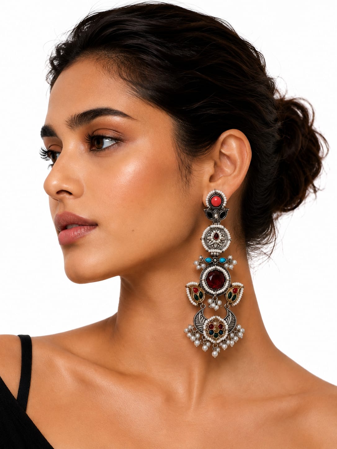 Rangeen Oxidised Silver Multicolour Stone Long Statement Earrings for Women