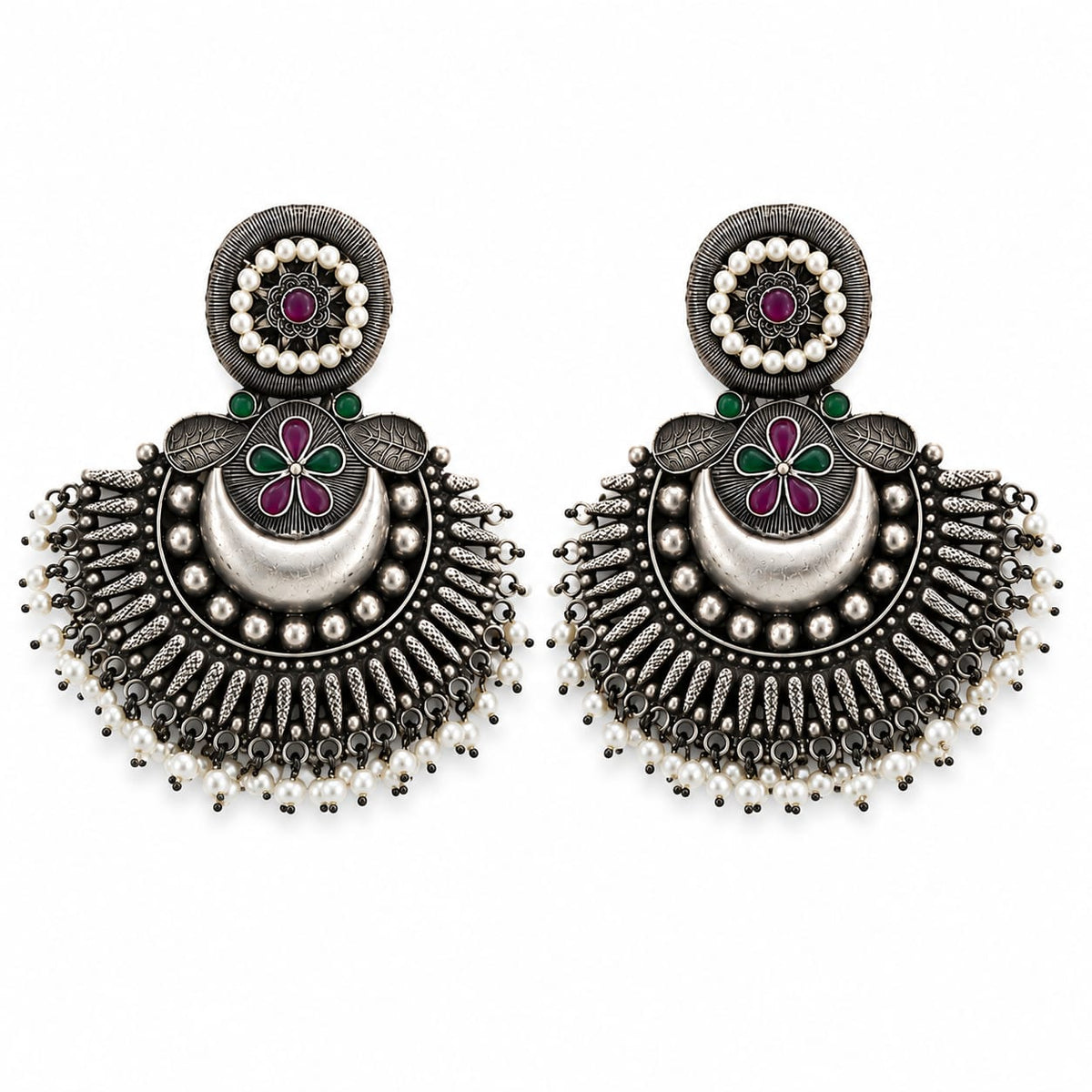 Chandni Oxidised Silver Pearl Studded Chandbali Earrings for Women
