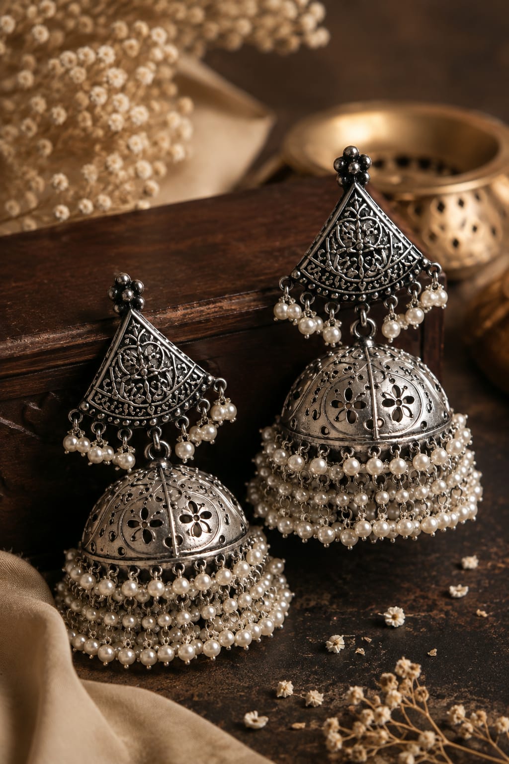 Mehrunissa Oxidised Silver Pearl Layered Dome Jhumka Earrings for Women