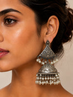 Mehrunissa Oxidised Silver Pearl Layered Dome Jhumka Earrings for Women