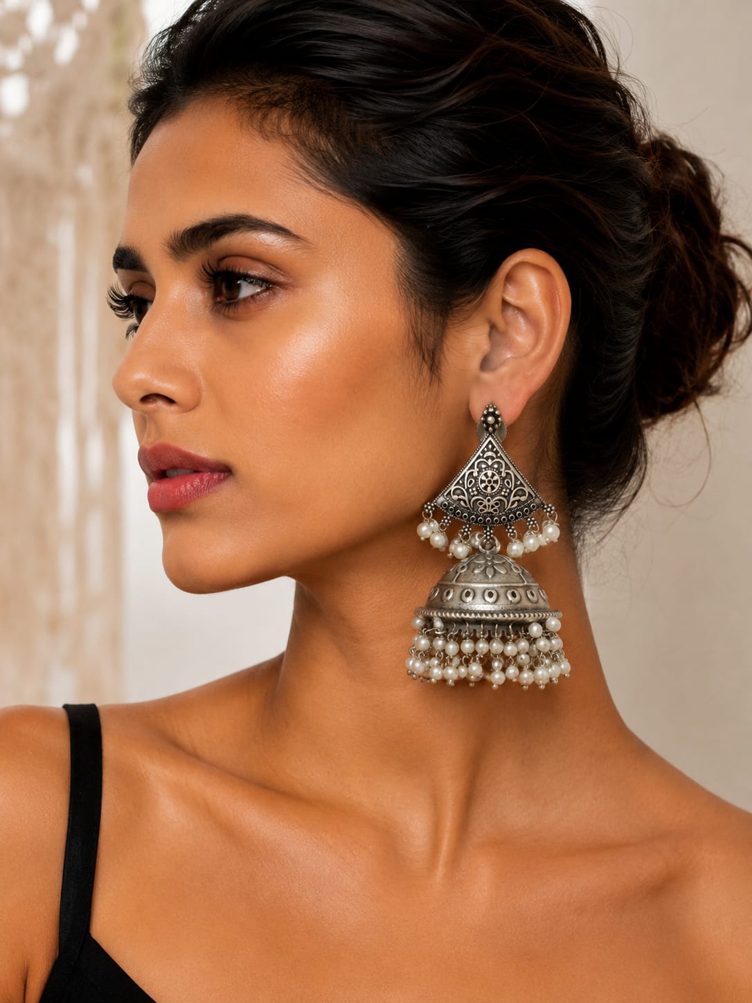 Mehrunissa Oxidised Silver Pearl Layered Dome Jhumka Earrings for Women