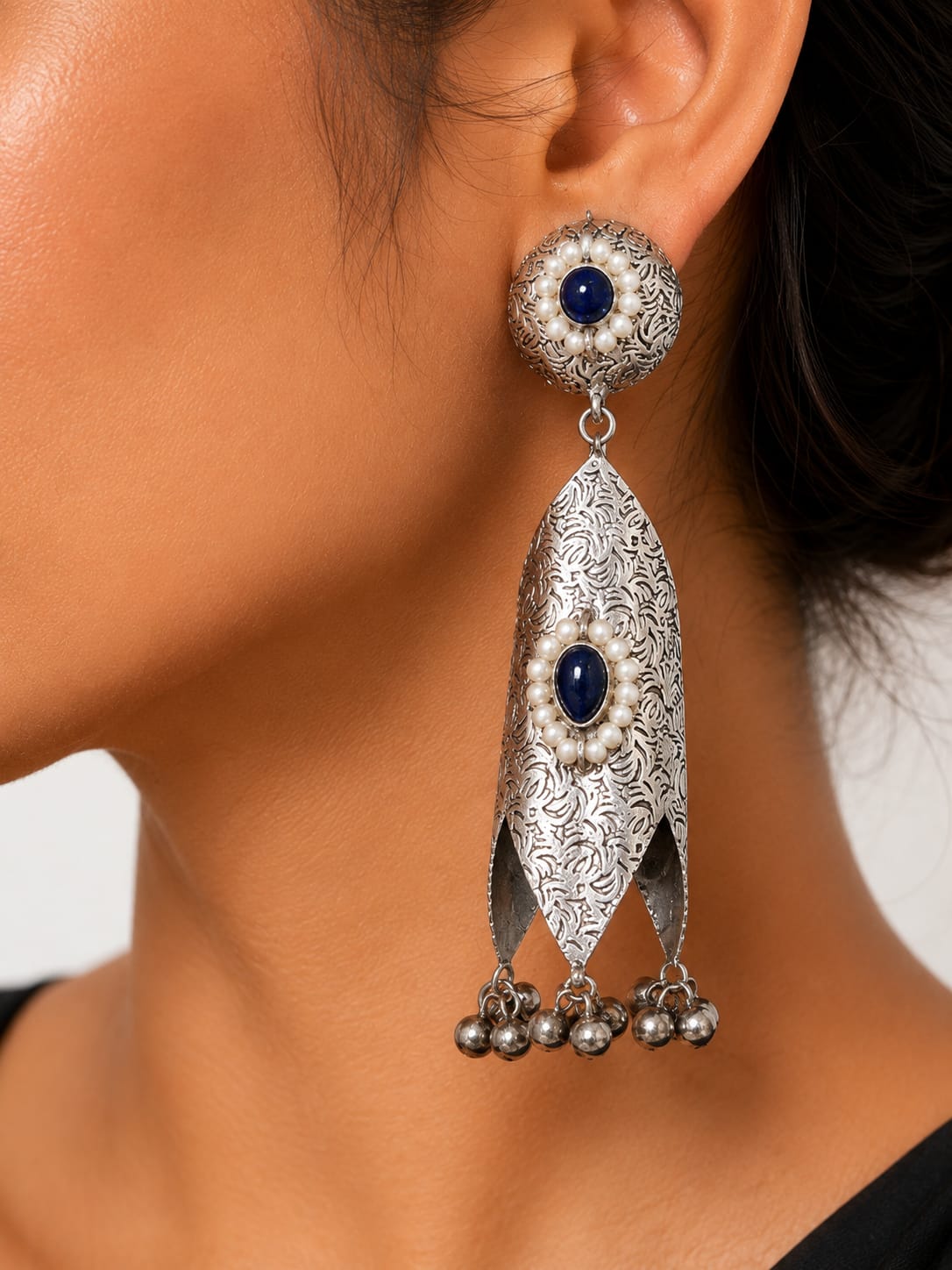 Neelofar Oxidised Silver Lapis Blue Stone Leaf Dangler Earrings for Women